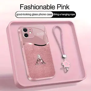 Luxury Pink Phone Case with Lanyard Initial Letter A-Z Cover for iPhone 12 Mini --975