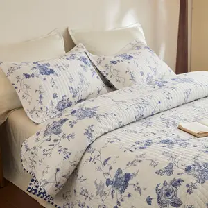 3Pcs 100% Cotton Blue & White Floral Quilt Bedspread Set