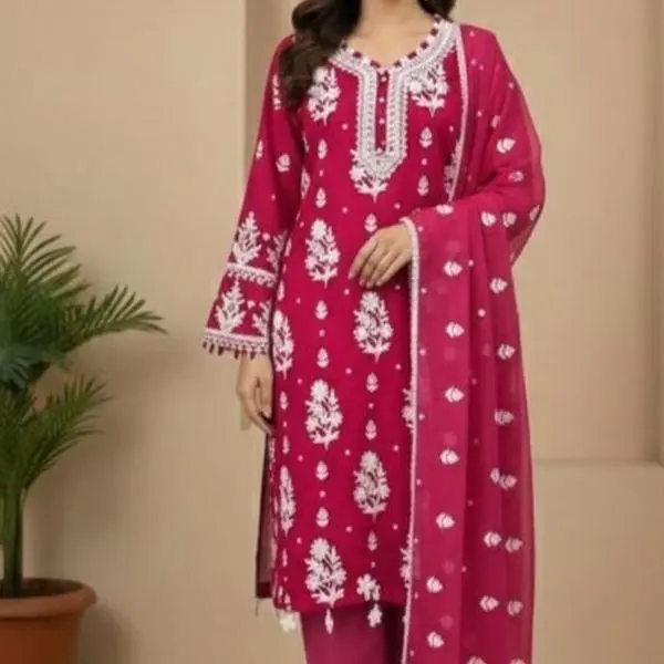 Party Wear Chiffon Embrioded Dresss Lining Attach Shirt and Sleeves with Pull on Trouser and chiffon dupata Womenswear Formal