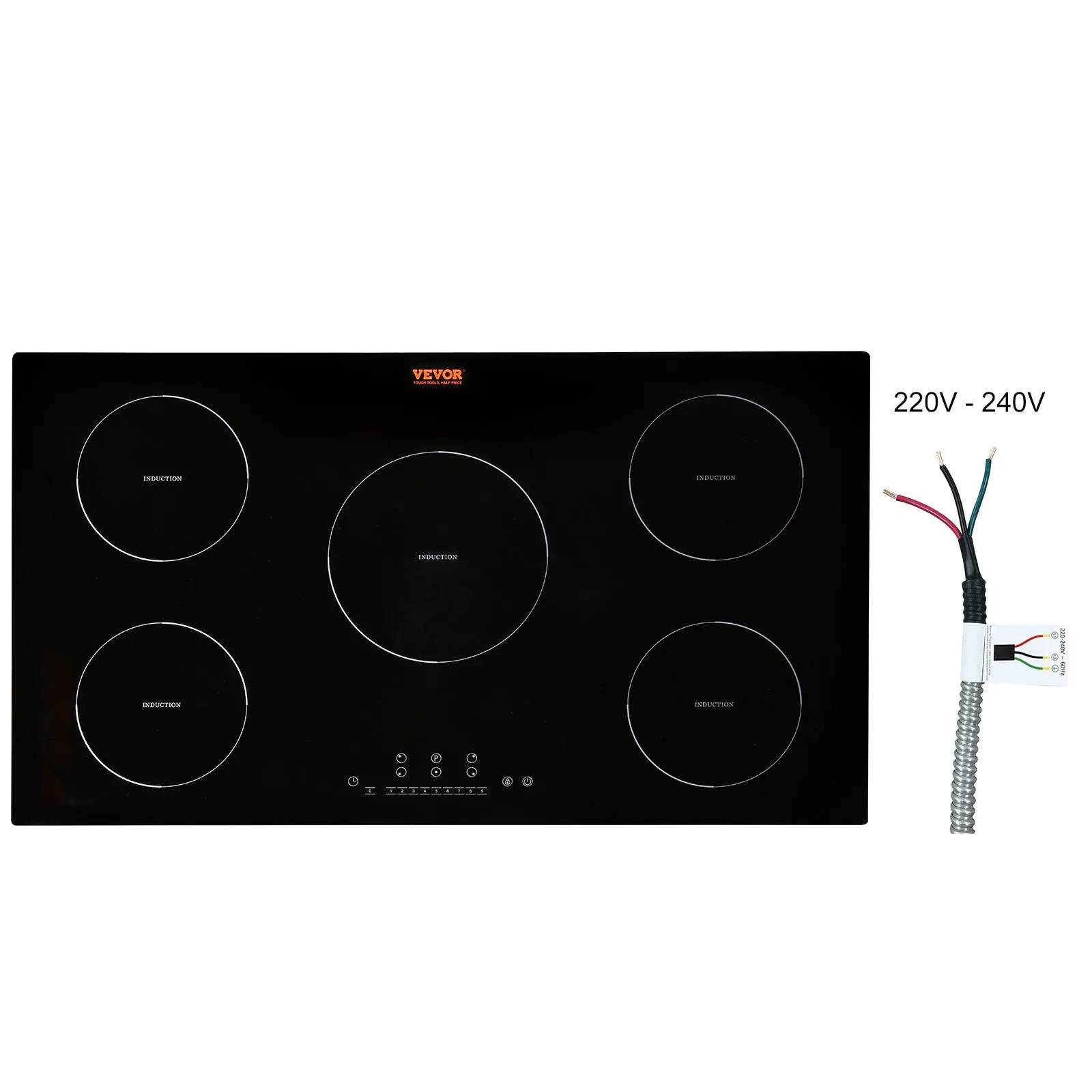 【Summerfinds】VEVOR 36-in 9200W Stainless Steel Built-in Induction Cooktop, 5 Burners with 9 Heating Levels, Timer, LED Touch Display, Child Safety Lock, Over-Temperature Protection & Round Edges, Recessed, Led Display