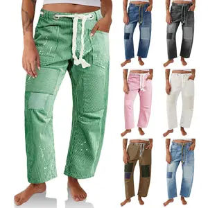 Cicy Bell Women's Baggy Barrel Horseshoe Jeans Wide Leg Patchwork Low Rise Denim Pants with Pockets Streetwear Bottom Fitted Basic Trouser for Stylish Womenswear
