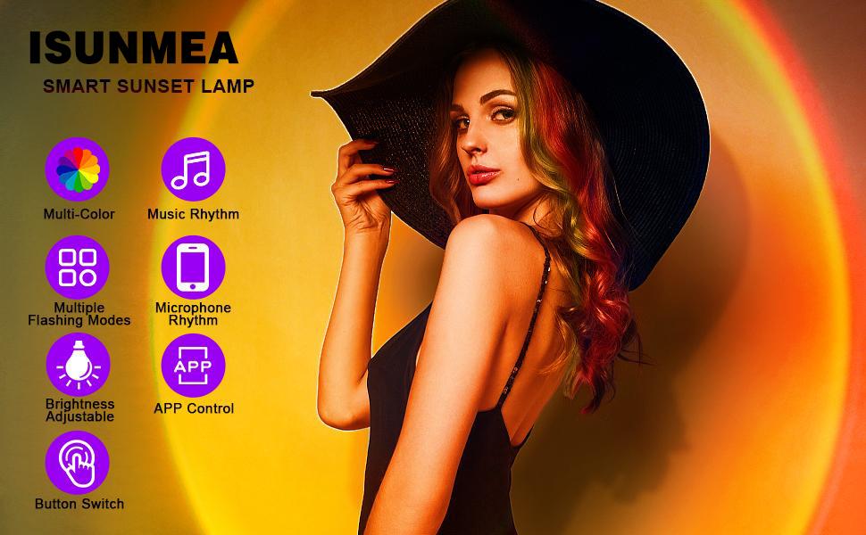 ISUNMEA Sunset Lamp Projector Multicolor Changing LED Projection Lamp,Switch Button and APP Control 360 Degree Rotation Sunlight Lamp for Bedroom, Photography, Party, Tiktok Live, Room Decor