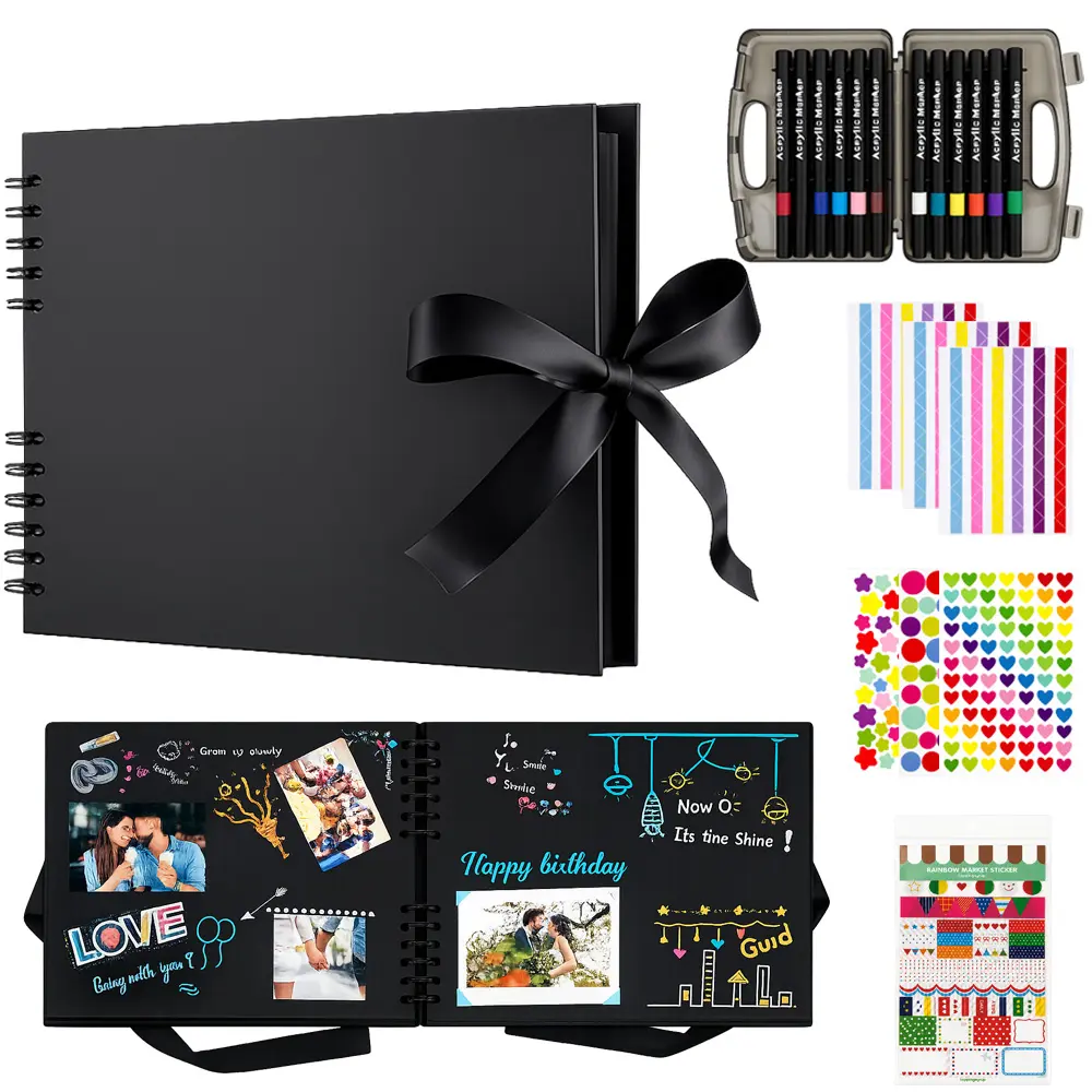 【Back To School】DIY Travel Scrapbook Set - 11.8x8.27in, 80 Pages (40 Sheets) Multi-Color Kraft, 11 Colorful Corner Stickers, 12 Markers, High Capacity, Customization & Personalizing Pages, DIY Memory Book, Wedding Guest Book, Valentine's Day Craft Gift, S