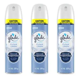 Glade 8.3 oz Clean Linen Scent Air Freshener Spray, air freshener spray, odor eliminator, soft mist technology, light spray, long lasting freshness, Clean Linen scent, crisp air, fresh laundry, lily of the valley, instant refresh, no shake formula