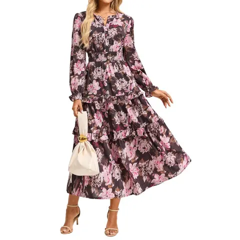 【Grace Karin】Women's Chic Polyester Floral Print Long Sleeve V-Neck A-Line Chiffon Dress - Ankle-Length, Ruffled, Modest Hem, Pockets, Casual & Wedding Outfits