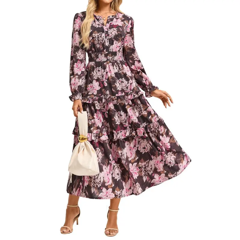 【Grace Karin】Women's Chic Polyester Floral Print Long Sleeve V-Neck A-Line Chiffon Dress - Ankle-Length, Ruffled, Modest Hem, Pockets, Casual & Wedding Outfits