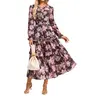 【Grace Karin】Women's Chic Polyester Floral Print Long Sleeve V-Neck A-Line Chiffon Dress - Ankle-Length, Ruffled, Modest Hem, Pockets, Casual & Wedding Outfits