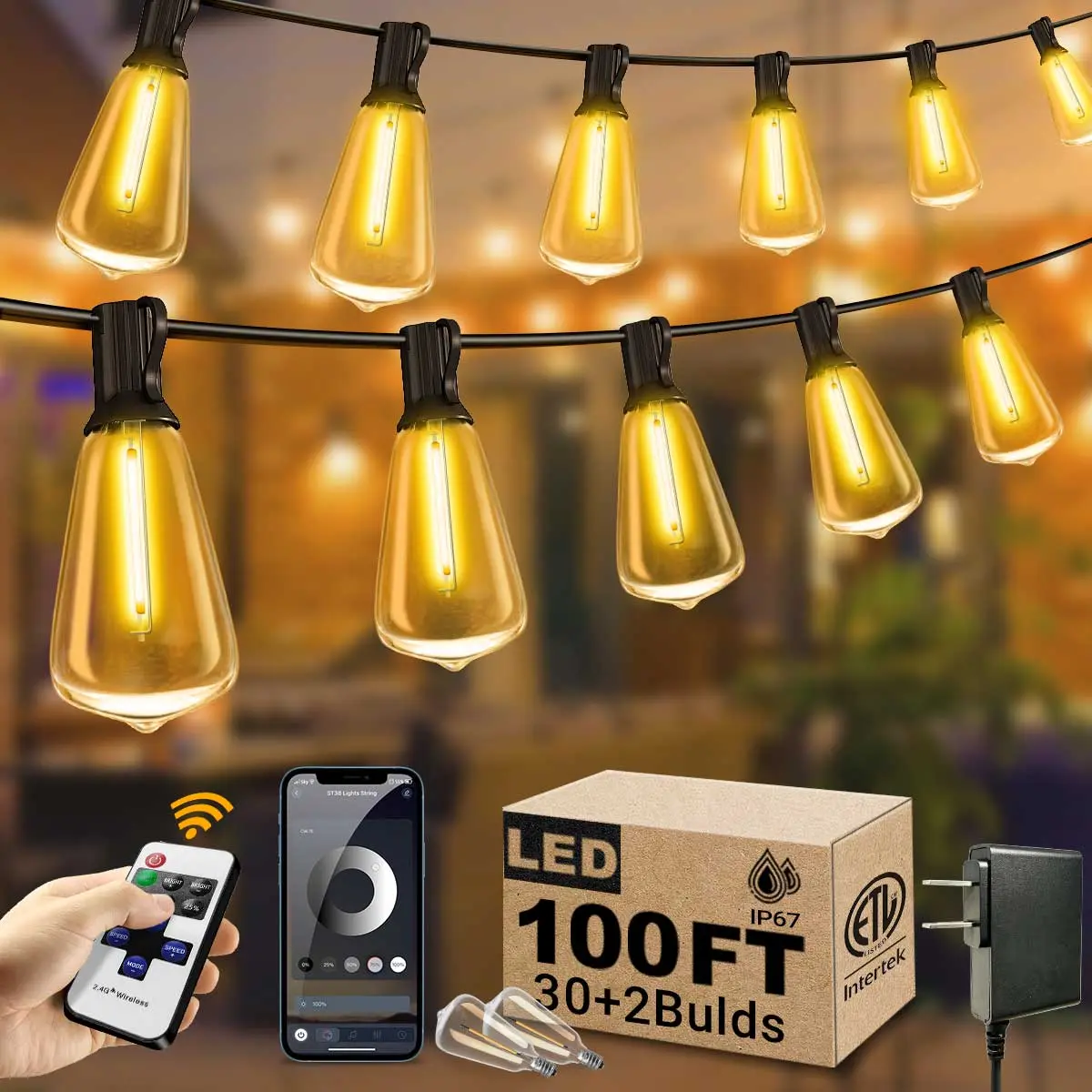 DREAMLAND Smart Outdoor String Lights Patio Deals 100FT with 32 Bulbs,Dimmable Shatterproof ST38 Vintage Edison Bulbs led lights,Waterproof with with Remote and APP Control  Wifi Led Strip Hanging Lights for Outside Porch, Deck, Garden, Backyard, Balcony