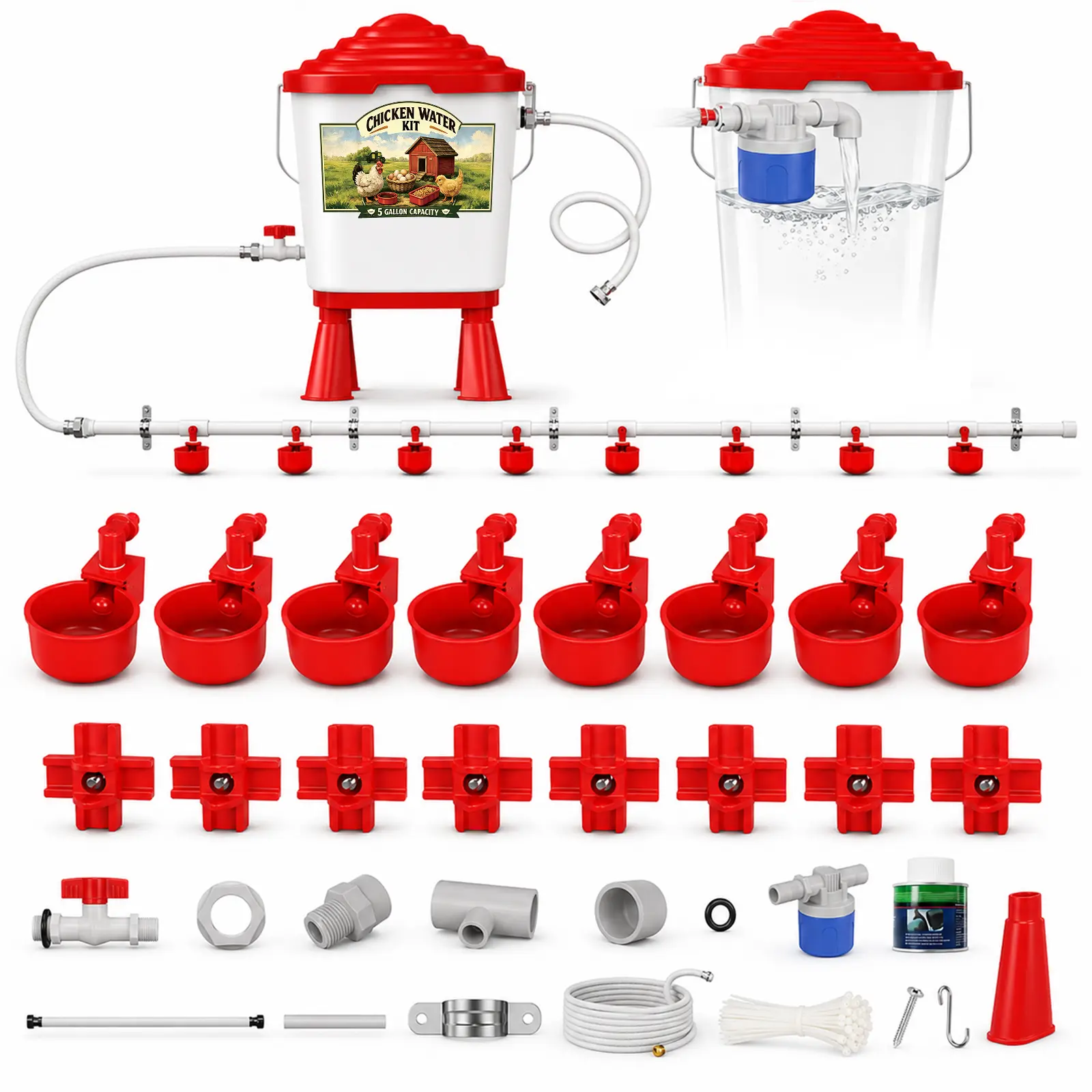 5 Gal Automatic Chicken Watering System Kit - Float-Controlled Dispenser, Complete Pipeline with 8 Drinking Cups & 8 Nipples for Backyard Poultry (Chickens, Ducks)