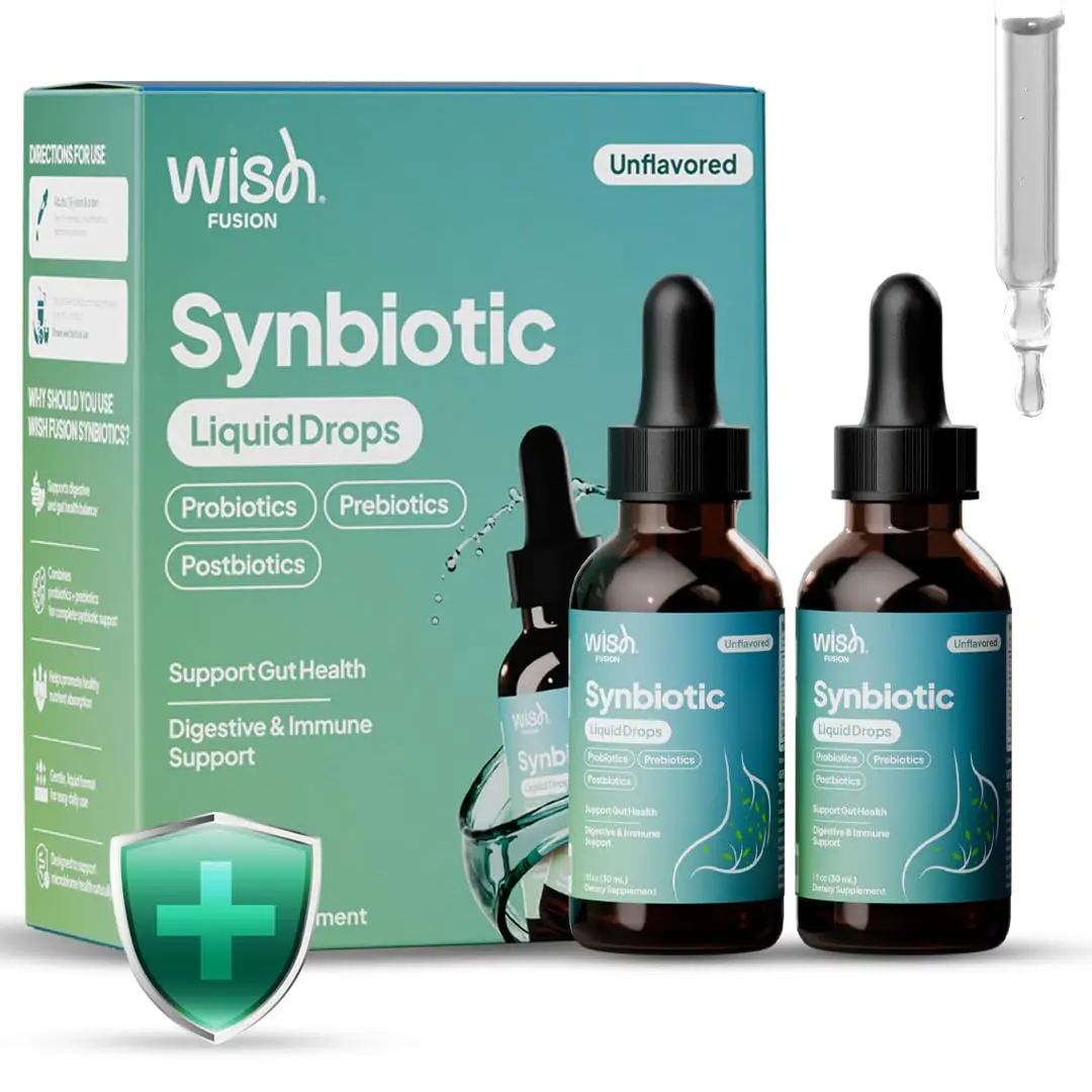 Wish Fusion Synbiotic Liquid Probiotic for Women & Men, Probiotics Prebiotics Postbiotics for Gut Health Digestive & Immune Support, Organic Pre and Probiotic Drops 2 Billion CFU, 30mL 2-Pack