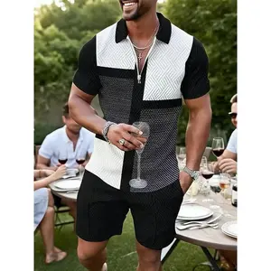 2-Pack European And American Men'S 3D Geometric Pattern Fashionable And Simple Two-Piece Suit - Short Sleeves And Shorts, Contrasting Geometric Pattern with Pocket Suit - Men'S Breathable Skin-Friendly Casual Sports Suit