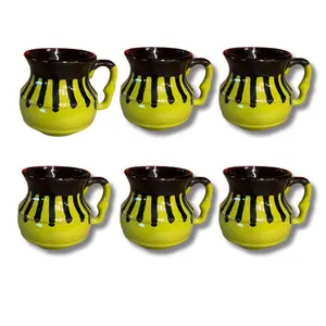 6 Handamde Ceramic Mexican Coffee Cups - Green and black drip design