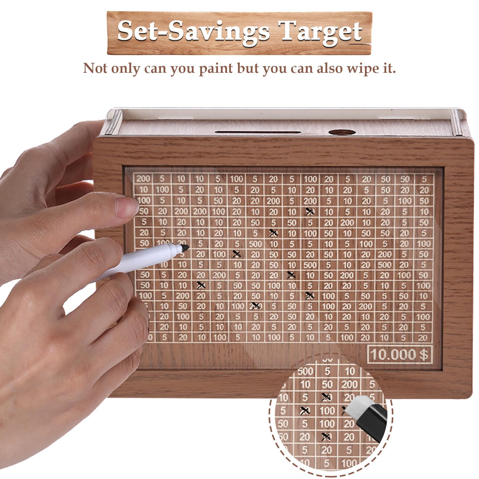 Cash Vault Wooden Savings Box, 2026 New Savings Challenge Box, Wooden Money Saving Box Money Box with Counter, Money Saver with Money 10000 Savings Target and Numbers