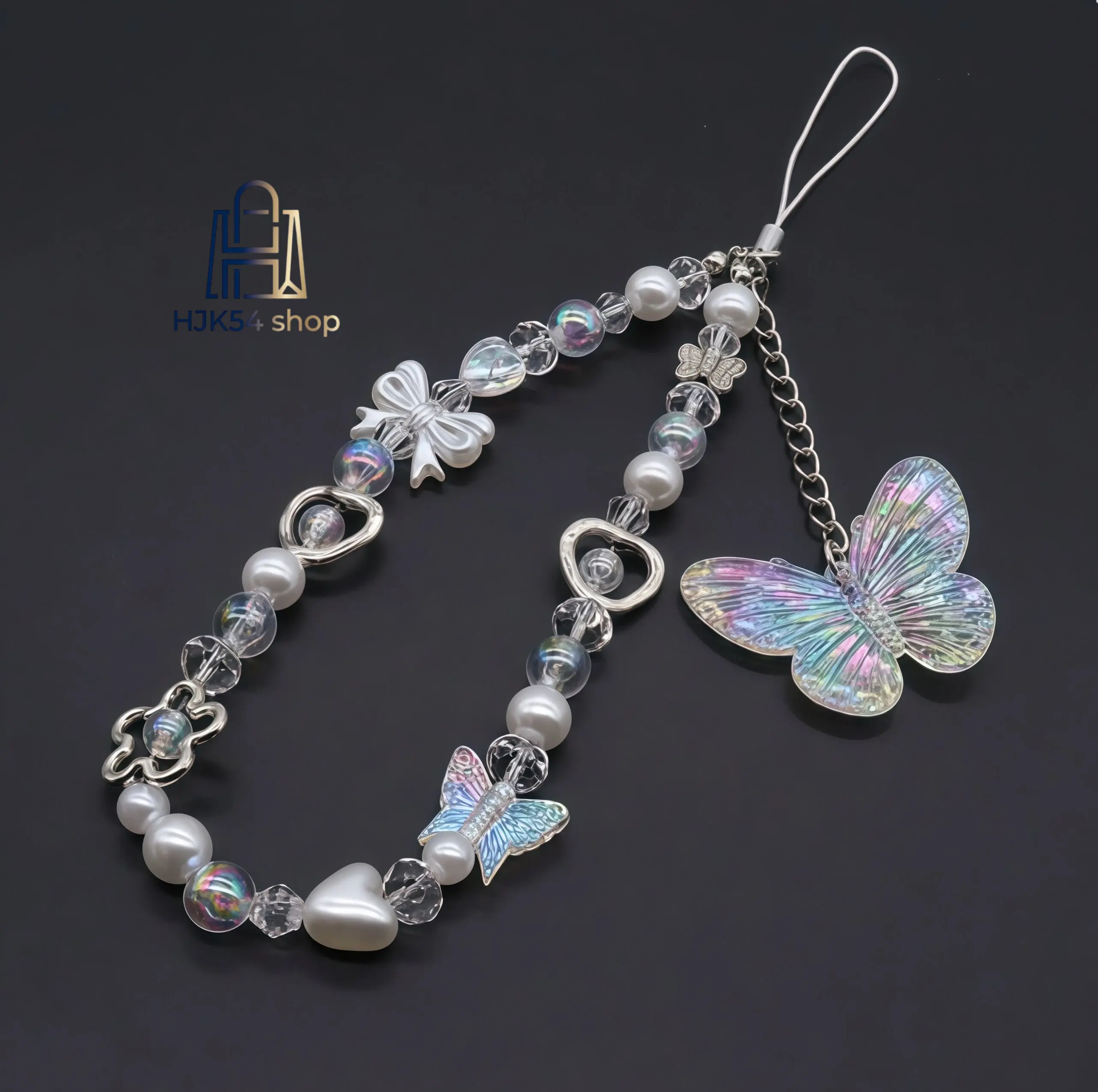 Cute Iridescent Butterfly Beaded Phone Charm Strap, Pearl Bow Heart Flower Acrylic Bead Wrist Lanyard, Multicolor Kawaii Y2K Phone Chain Pendant for iPhone Android Cell Phone Key Bag Daily Aesthetic Decor