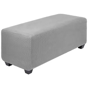 PiccoCasa High Stretch Ottoman Cover, Soft Slipcover Jacquard Fabric Small Checks Rectangle Storage Stool Cover Furniture Covers X-Large Light Gray