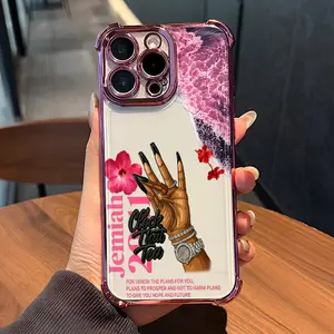 Pink Sea Flower Hand Patterned Transparent Four-Corner Electroplated Airbag TPU Soft Shell Case for iPhone 17 Pro Max/Air/16/15/14/13/12/11/X/XS & Samsung S22/S23/S24/S25 Ideal Gift for Christmas Valentine's Day