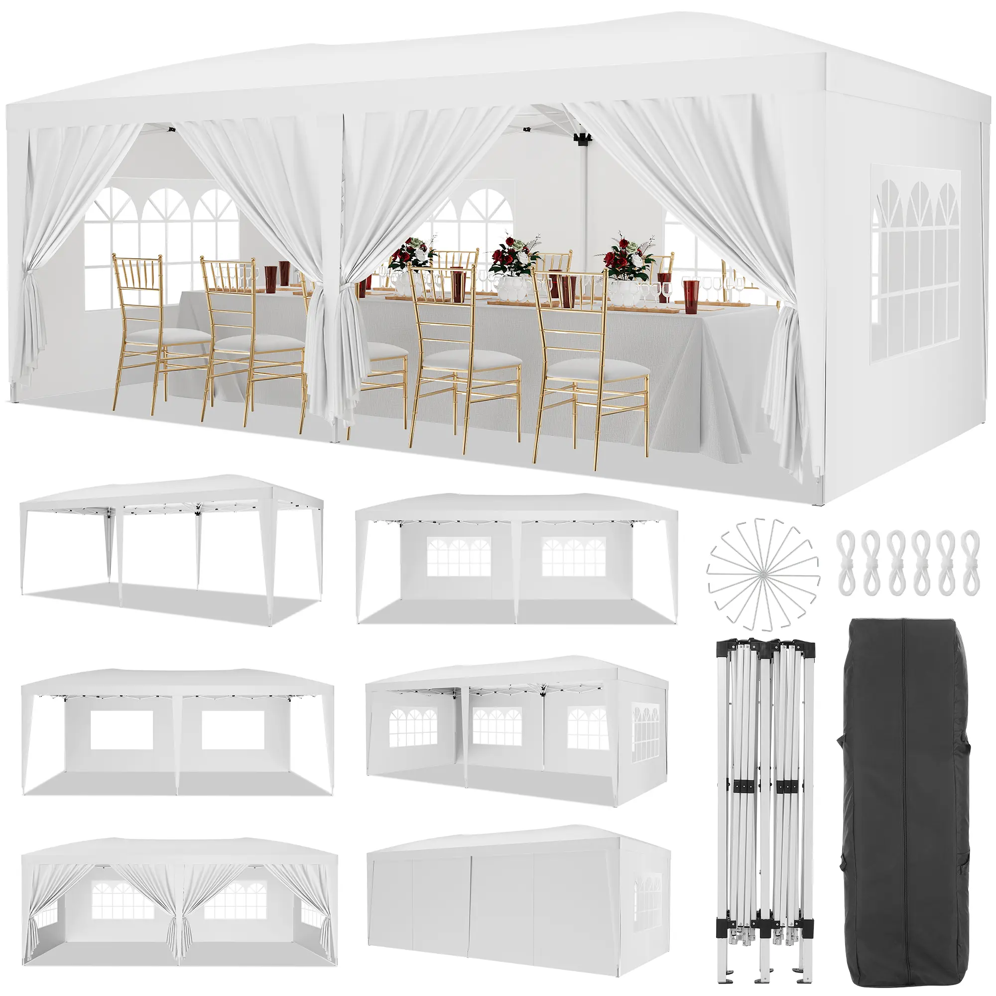 Heavy Duty 10x20 Pop Up Canopy Tent - Waterproof Gazebo with 6 Removable Sidewalls - 3 Adjustable Heights - Quick Setup - Includes 18 Stakes & 6 Ropes - Perfect for Party, Events, Patio, Garden