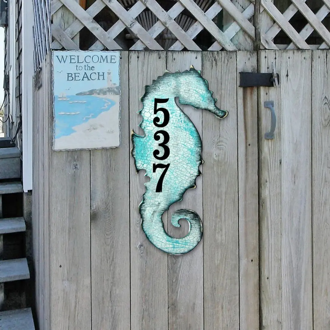 Designocracy MA98517-12 12in. UV-Resistant Coastal Seahorse Wooden Wall Mount House Number Sign, Colorful Beachy Home Decor Plaque, Artwork for Gifting