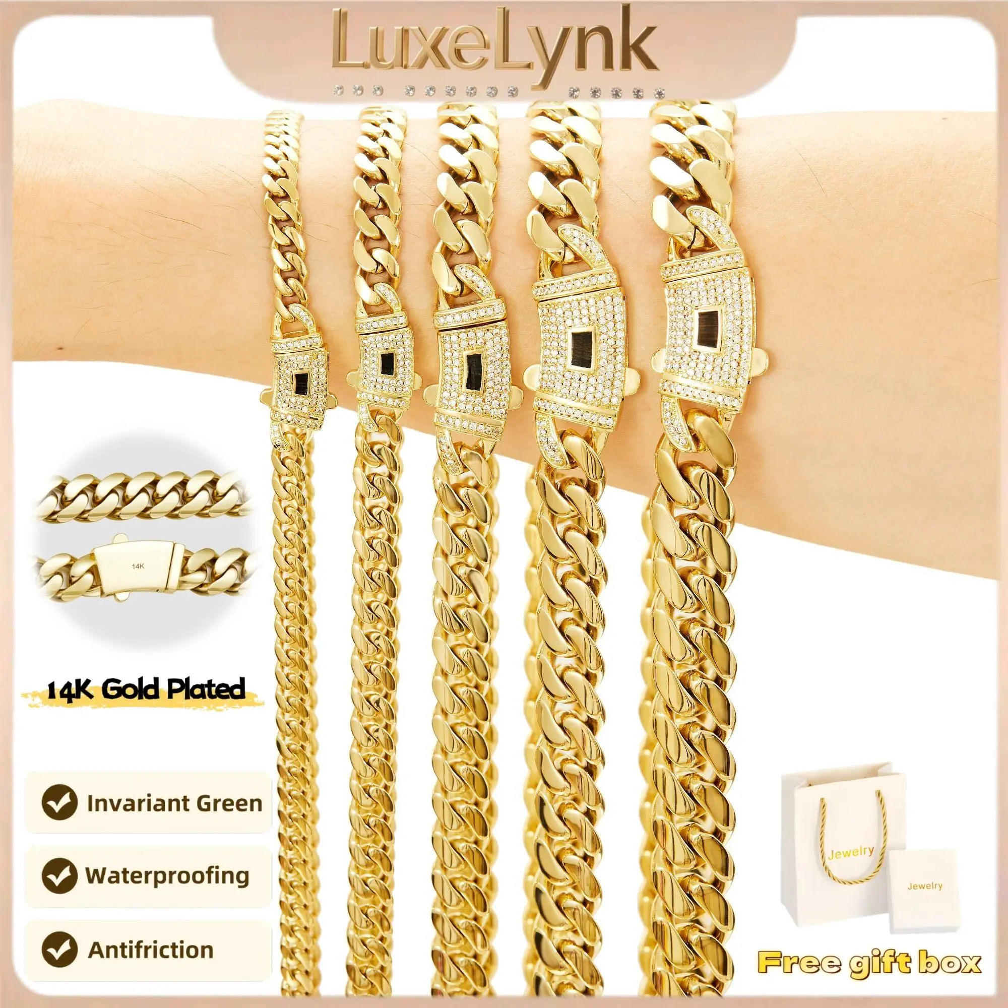 【New upgrade】14K gold-plated Cuban necklace.  craftsmanship and classic white stone inlay design are dazzling. Miami Cuban necklace combines tradition and fashion. The best gift for him/her. 6/8/10/12/14 are available Valentine's Day Summer Gold Choker