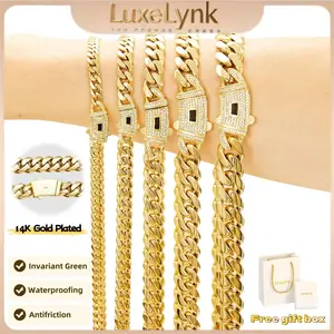 【New upgrade】14K gold-plated Cuban necklace. The gold-plated craftsmanship and classic white stone inlay design are dazzling. Miami Cuban necklace combines tradition and fashion. The best gift for him/her. 6/8/10/12/14 are available Valentine's Day