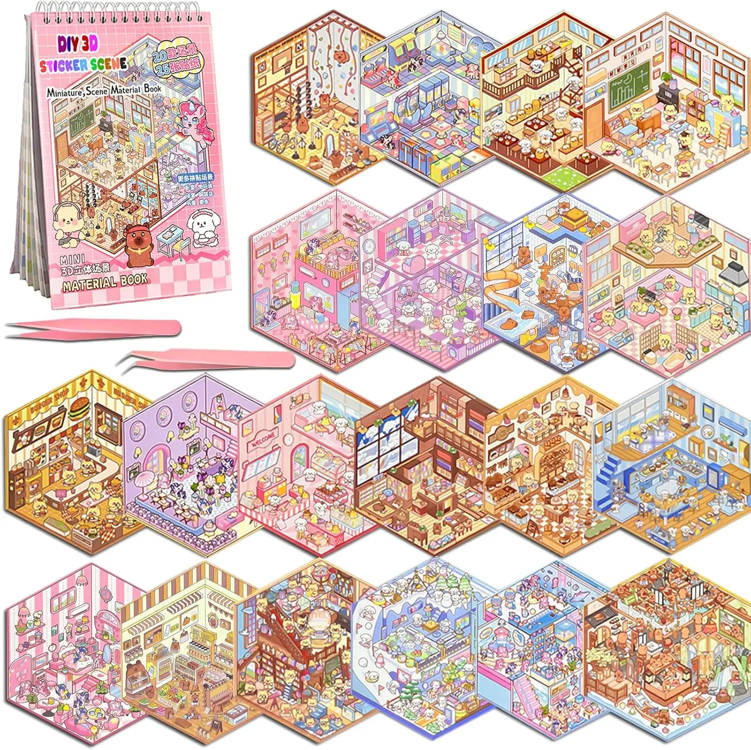 20 Sets DIY Miniature 3D Sticker Scene Book, Sticker Therapy Scenes Collection Book for Adults Stress Relief Pass The Time, Make Your Own House Miniature Cute Cartoon Animal Isometric Scene Funny Stickers