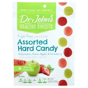 Dr. John's Healthy Sweets Assorted Hard Candy, + Fiber & Vitamin C, Watermelon, Green Apple, & Strawberry, 3.85 oz (109 g)