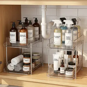 Cesun  2-Tier 2 Pack Multi-Purpose Bathroom Under Sink Organizers and Storage, Stackable Kitchen Pantry Organization, Pull Out Medicine Cabinet Organizer with Movable Dividers, White