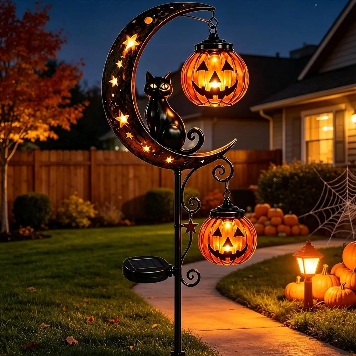 Spooky Solar Halloween Black Cat Garden Stake Lights, 34-in Warm LED Pumpkin & Moon Lanterns, Weatherproof Outdoor Festive Decor for Courtyard, Lawn