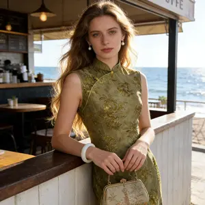 Green Branch Elegance | 3D Printed Stretch Qipao, Modern Chinese Retro Dress