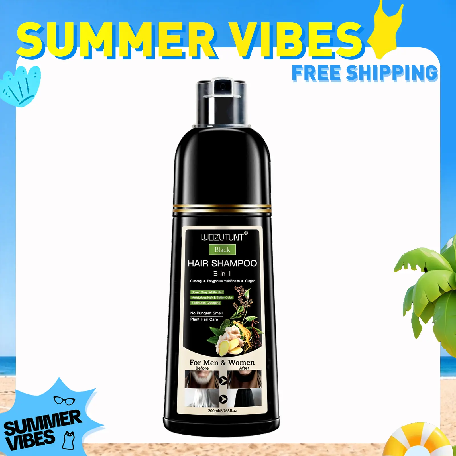 Goiple 200ml 3-in-1 Black Hair Color Cleanser Shampoo, Herbal Ginseng Formula, Gentle Normal Haircare for Gray Hair Coverage, Salon-Quality Conditioner with Smooth Radiant Results, Natural Plant Haircare, Cover Gray Hair Solutions,back to school