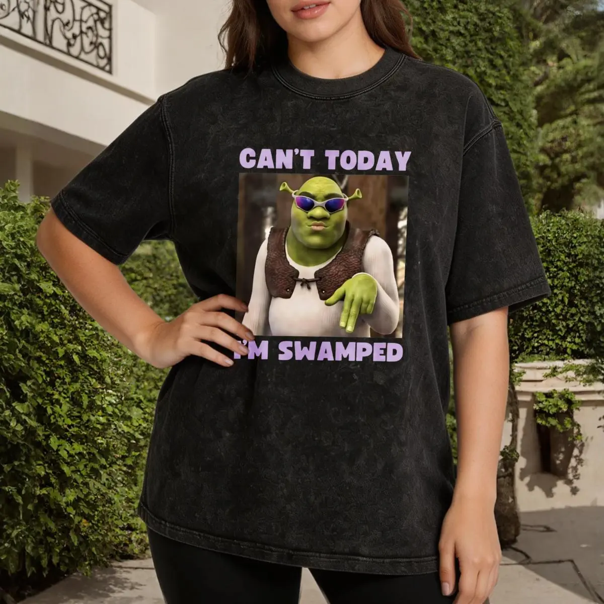 Women's Vintage Washed Oversized Graphic T-Shirt - Breathable, Soft, Streetwear Style - "Can't Today I'm Swamped" Shrek Print, Short Sleeve, Comfortable Fit, Casual Outdoor Wear, Versatile Tops for Women (Inclusive of Skirts Pairing Option)