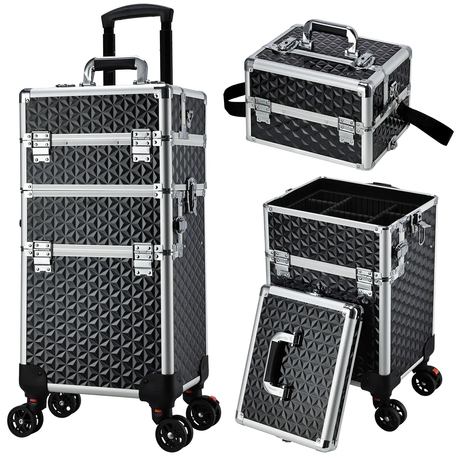 3-in-1 Lockable Rolling Makeup Train Case Organizer, Large Functional Cosmetic Trolley with Wheels, Secure Beauty Storage Suitcase for Salon & Travel