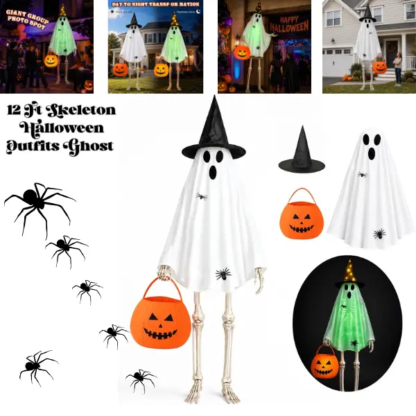12 FT Halloween Skeleton Decorations, Ghost & Pumpkin Accessories with Lights, Giant Outdoor Halloween Decor, Spooky Yard Decorations for Porch, Lawn & Halloween Party