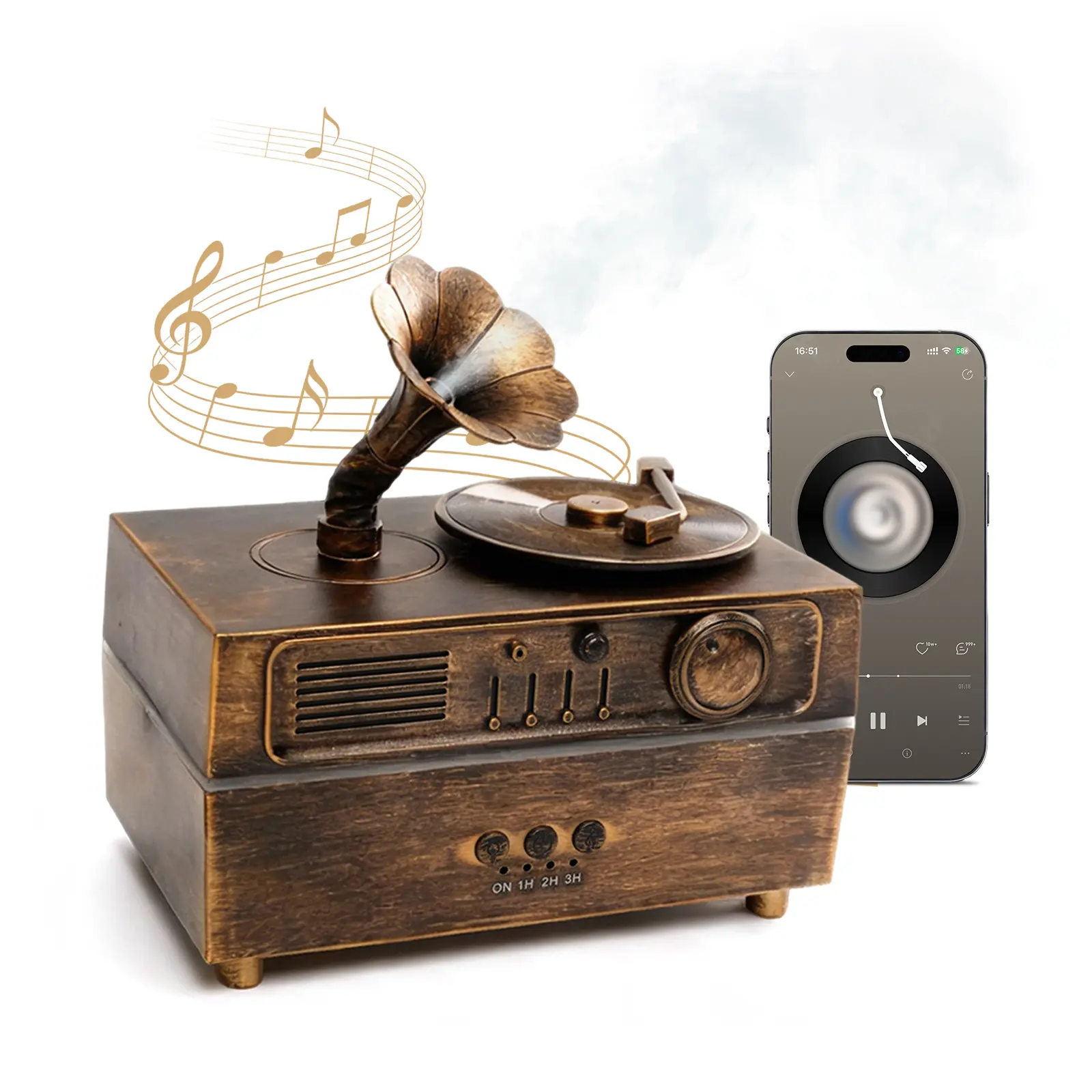 DAROMA Essential Oil Diffuser, Retro Phonograph Design with Music Player, 7-Color LED Lights, Low-Noise Aromatherapy Humidifier for Home Office, Unique Gift Idea (Bronze)