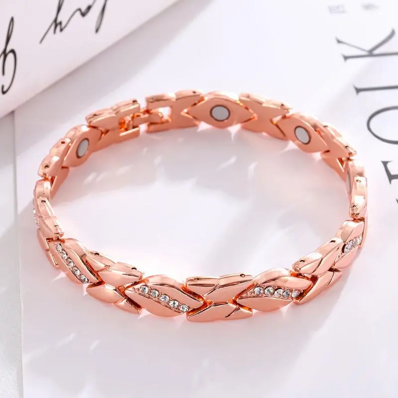 Women's Leaf Shape Magnetic Bangle - Pure Copper Rhinestone Bracelet with 3500 Gauss Effective Magnet, for Outdoor Use