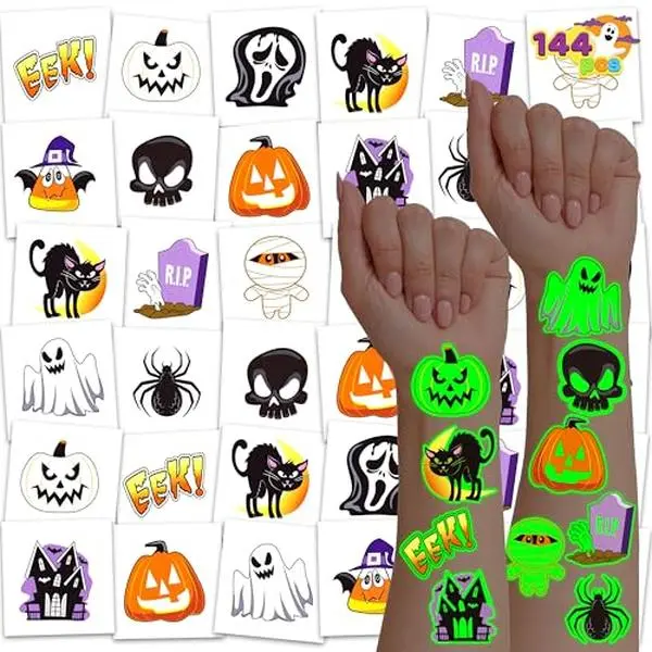 144 PCS Halloween Glowing Temporary Tattoos, 12 Designs Luminous Halloween Pumpkin Ghost Tattoo stickers for Kids Glow in The Dark Party Supplies Decoration Party Favors Trick or Treat Gifts