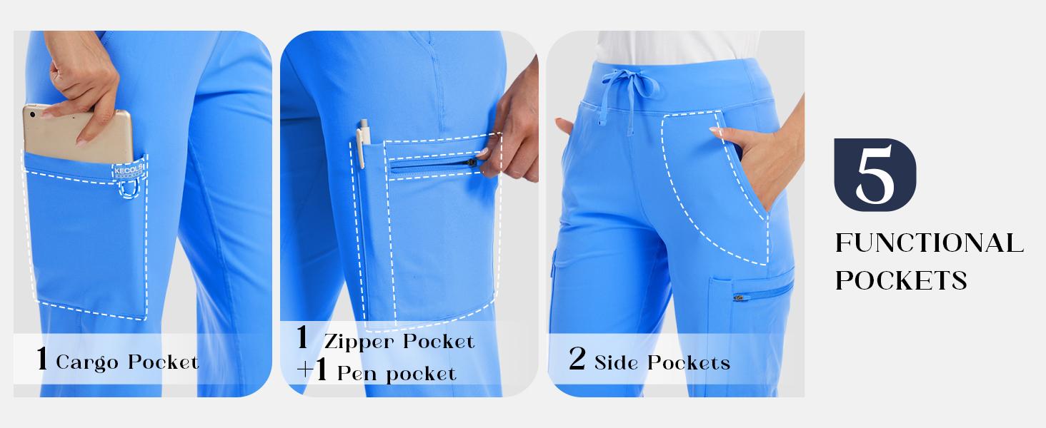 Kecols Yoga Scrub Pants Women High-Rise Straight Leg Uniform Cargo Bottom with Yoga Waistband,5 Pockets&4-Way Stretch SpringStatements