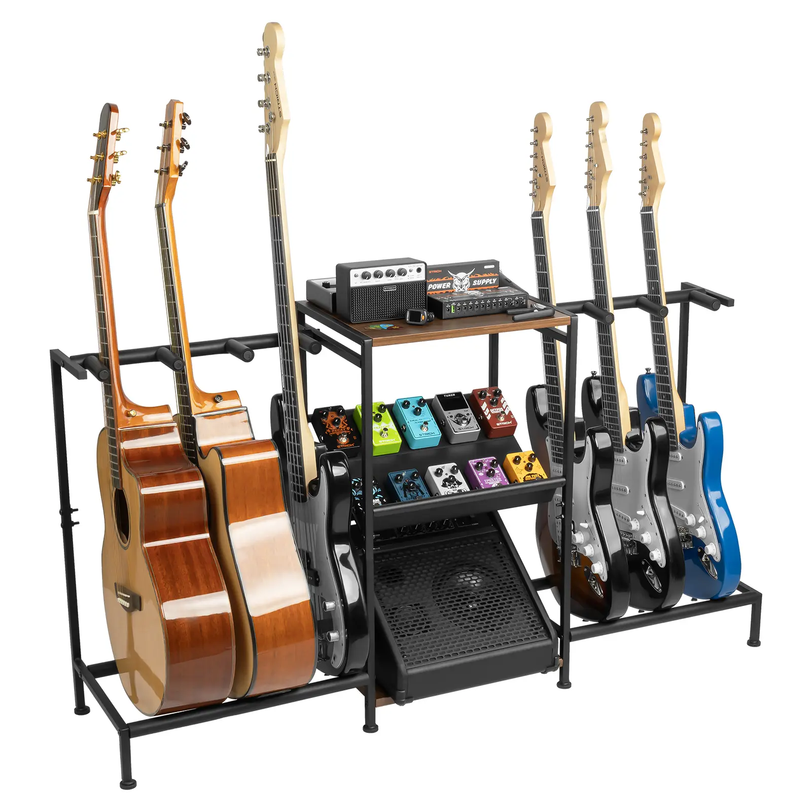 STRICH Multi-Guitar Stand with Pedal Organizer & Amplifier Accessories - Bass Guitar Accessories for Acoustic, Electric Guitars - Home Studio Music Room Display Rack SMT-40