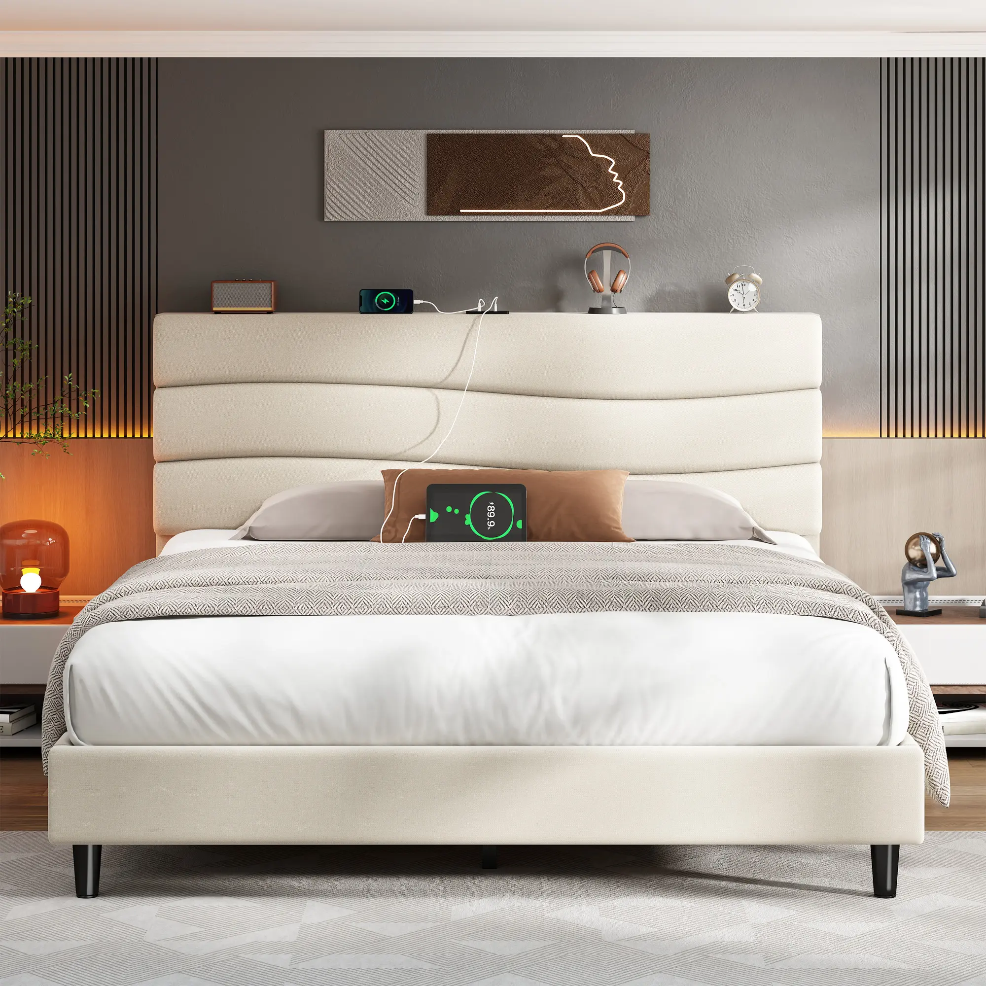 【Summerwins】Raybee Modern & Quiet Luxury Queen Size bed frame,Upholstered with Adjustable Headboard【Frame ONLY,No Box Spring Needed】Sturdy Frame Platform Bed & Noise-Free, Storage bed & Built-in Charging Station, Easy Assembly #Teen's First Bed