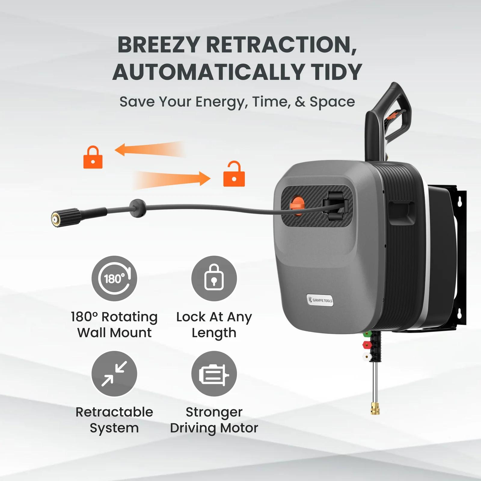 Giraffe Tools Grandfalls G20 Pro Pressure Washer 2400 PSI 2.0 GPM with 65FT Hose Reel 4 Nozzles 180° Swivel Bracket for Car Patios and More
