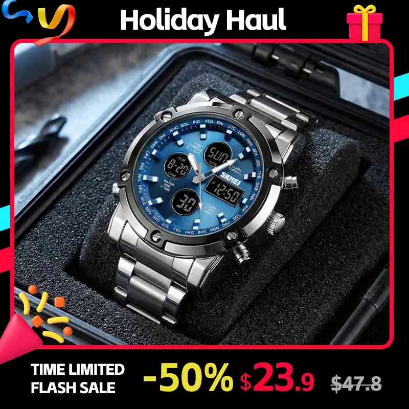 SKMEI Men's Sport Wristwatch, 2-Tone Stainless Steel Analog Digital Display with 3 Time Zones, Backlight, and Alarm, Birthday Gifts for Him, Mens Gifts, Unique Gifts For Man