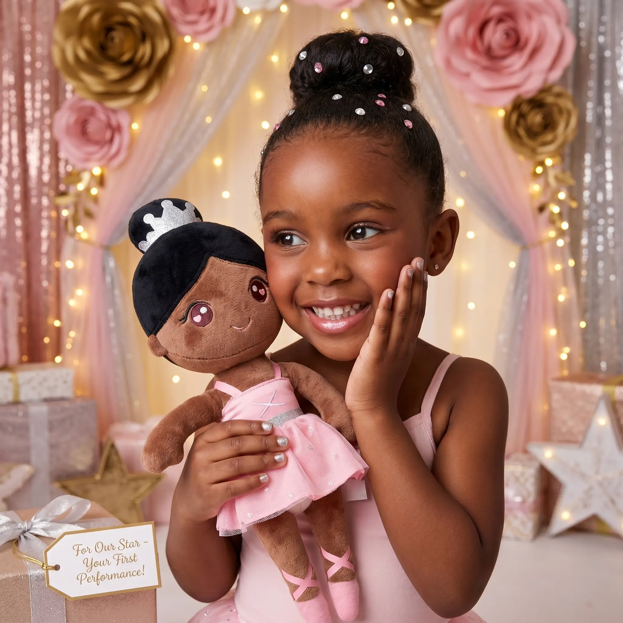 Gloveleya Curly Plush Baby Doll for Girls - Leopard Print Dress, Ballet Girl Design, Child-Friendly Size, Lightweight Fun, Soft Cozy Fabric, Safety Assured Companion Toy, Ideal 1st Birthday/Christmas Gift, Nursery Decor Keepsake, 0 Years Above