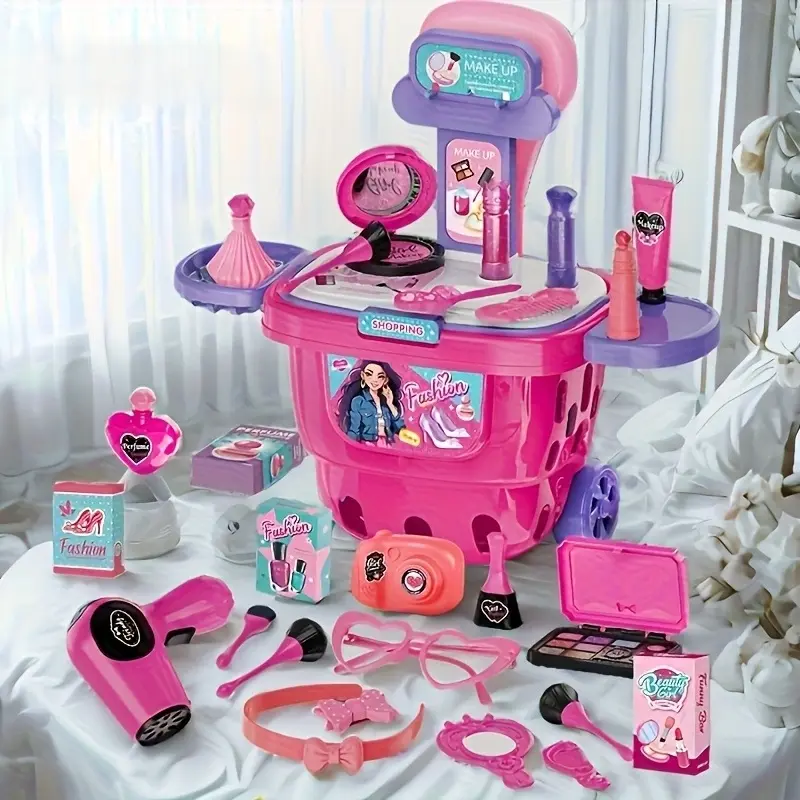 Kids Toddler Pretend Play Makeup Vanity Playset - Pull-Along Suitcase Luggage Toy with Cosmetic Accessories, Miniature Set for Simulation Dress-Up Role-Play Ages 3-7 Girls