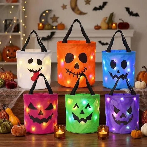 Viral Halloween LED Pumpkin Candy Fabric Bag - Glows Dark Jack-O-Lanterns Gifts, Kids’ Trick-or-Treat Bag, Festive Party Favor Supplies, Home Garden LED Lights Decor