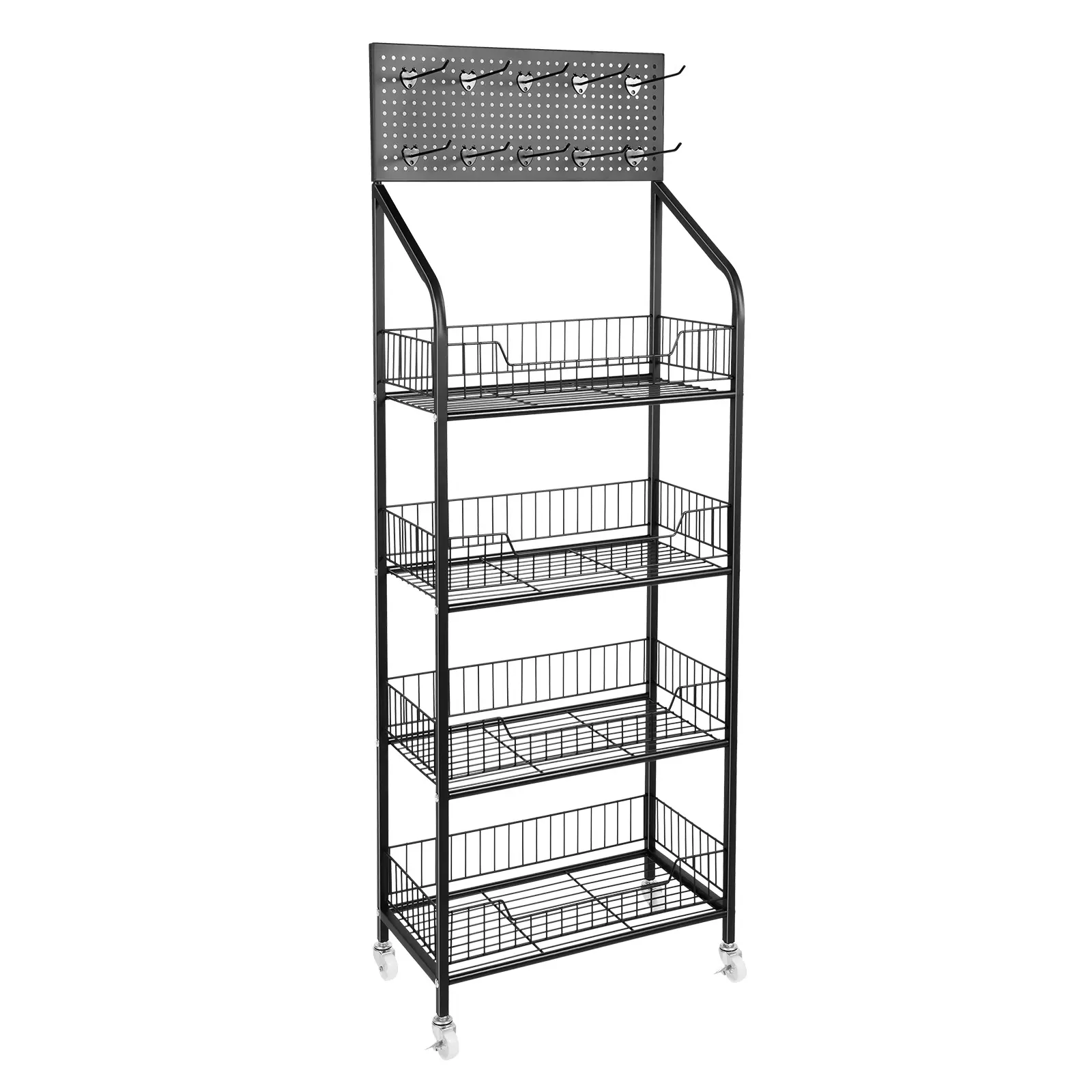 Iron+PP 4-Layer Freestanding Snack Shelf Organizer with 10 Hooks, Space-Saving, Easy Assembly for Pantry Store, Garage