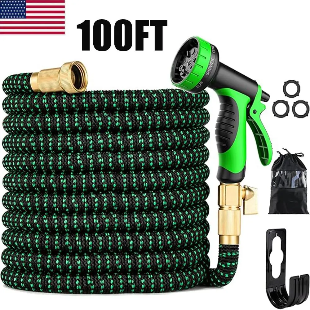 100FT Expandable Flexible Garden Hose with 10 Spray Modes, Thickened Latex Inner Tube, 4X Heavy Duty, Kink-Free Leak-Proof Brass Fittings, Brass Tight Seal, Retractable for Outdoor Garden Yard Car Wash, Us Households