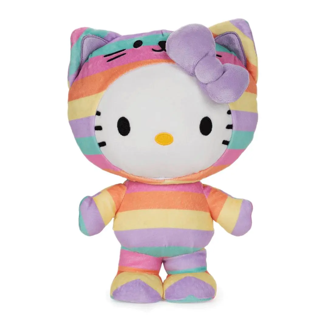 GUND Sanrio Hello Kitty 9.5in Cartoon Character Collectible Plushie - Rainbow Outfit, Striped Shirt, Soft Cuddly Gift, Stuffed Animal, Cute Plushies