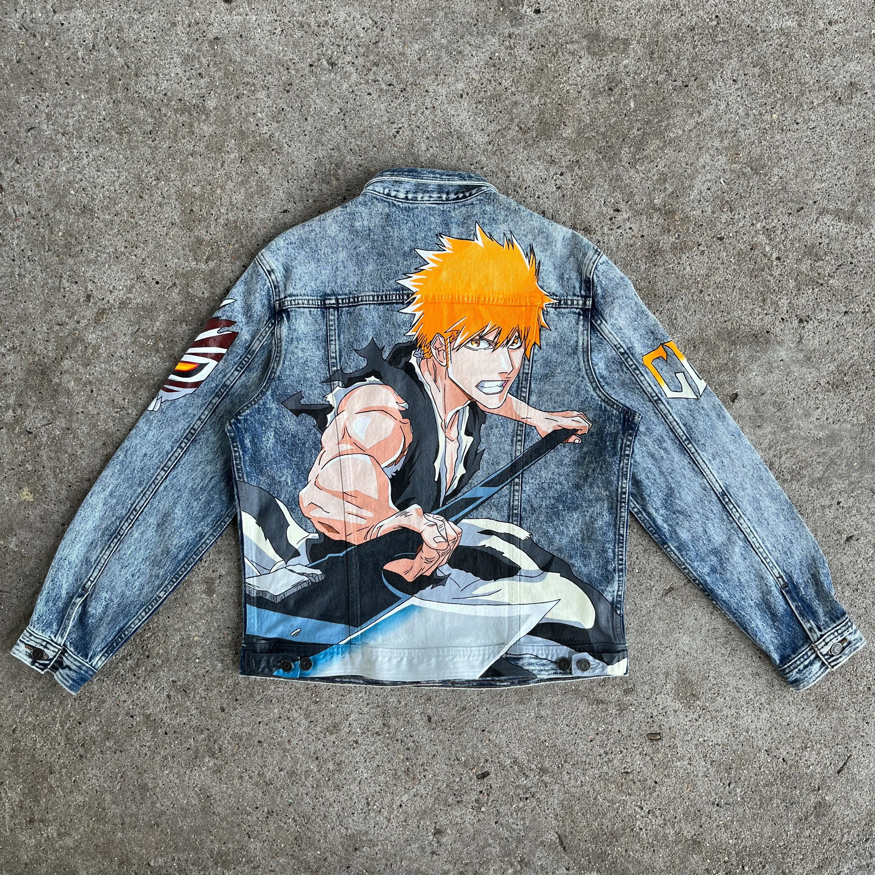 GLORY THREAD Ichigo Bleach Graphic Denim Jacket, Dark Fantasy Vintage Streetwear Jean Jacket, Oversized Y2K Baggy Outerwear, Premium Washed Denim