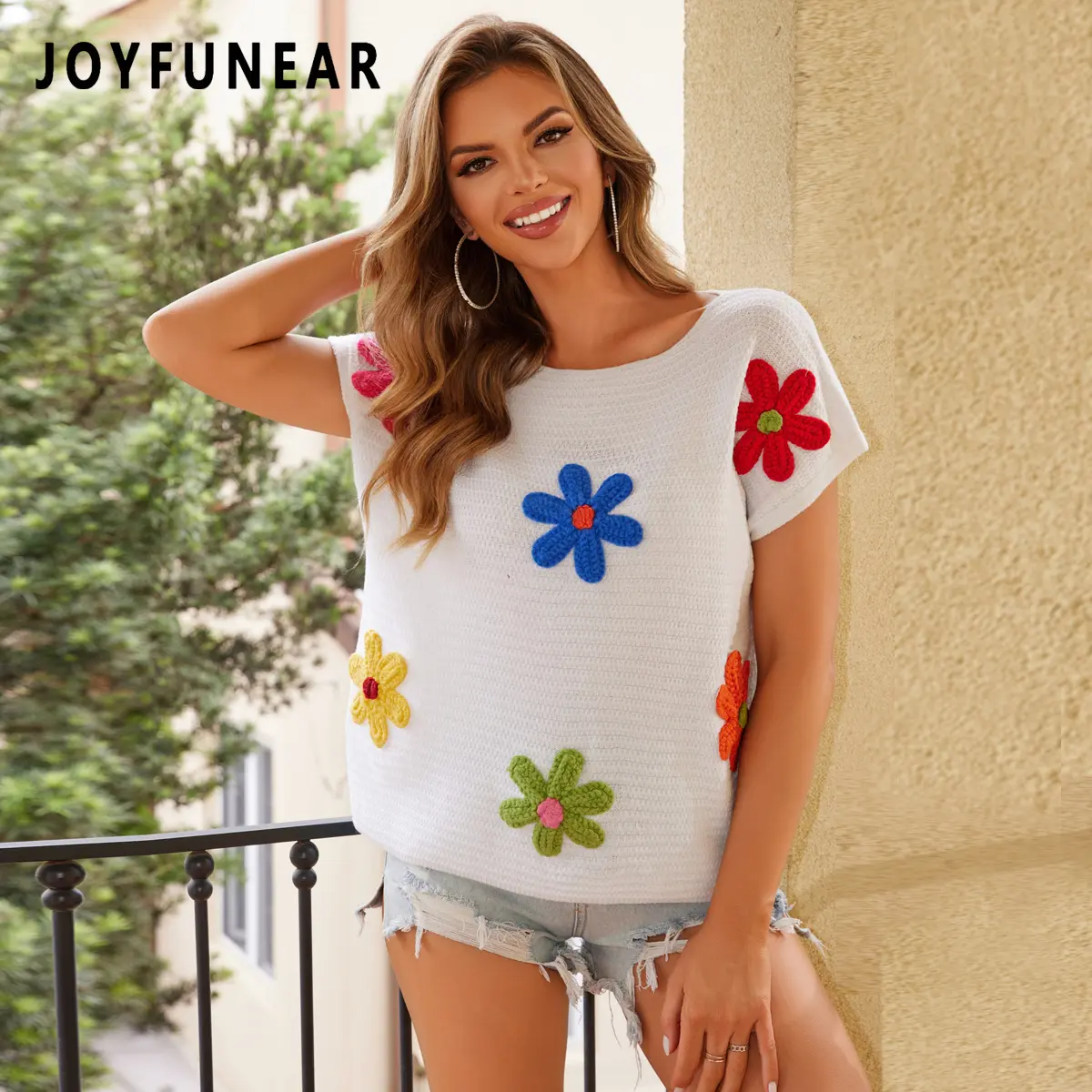 Joyfunear Women's Short-Sleeve Knitting Pullover with Crochet Flower Embellishments, Casual Crewneck Top, Shortsleeve, Floral, Basic, Women's Clothes, Knitwear, Crochet Flowers, Medium Length, Acrylic, Round Neck, Dry Clean, Solid, Regular