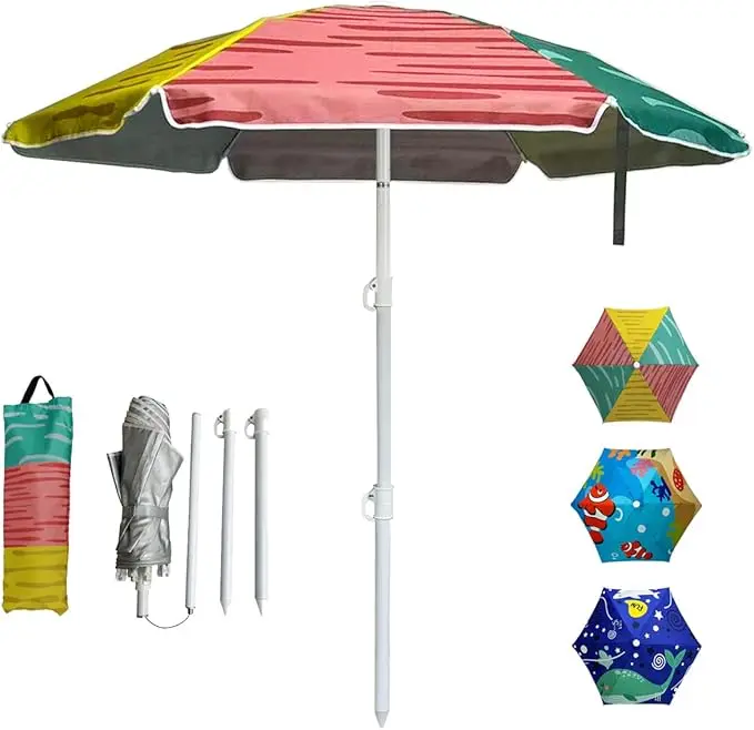 5ft Outdoor Parasol - UV 50+ Sun Protection Foldable Beach Umbrella with 0.99-1.2in Rustproof Pole, Sand Anchor, Carry Bag, 3Step Setup in 60s, Non-Tilt Outdoor Sun Shade for Beach, Patio (Requires 5+in Sand Above Bottom), Portable